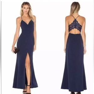 Lovers + Friends Sz 6 Helena Navy Blue Maxi Lace Sleeveless Gown front slit